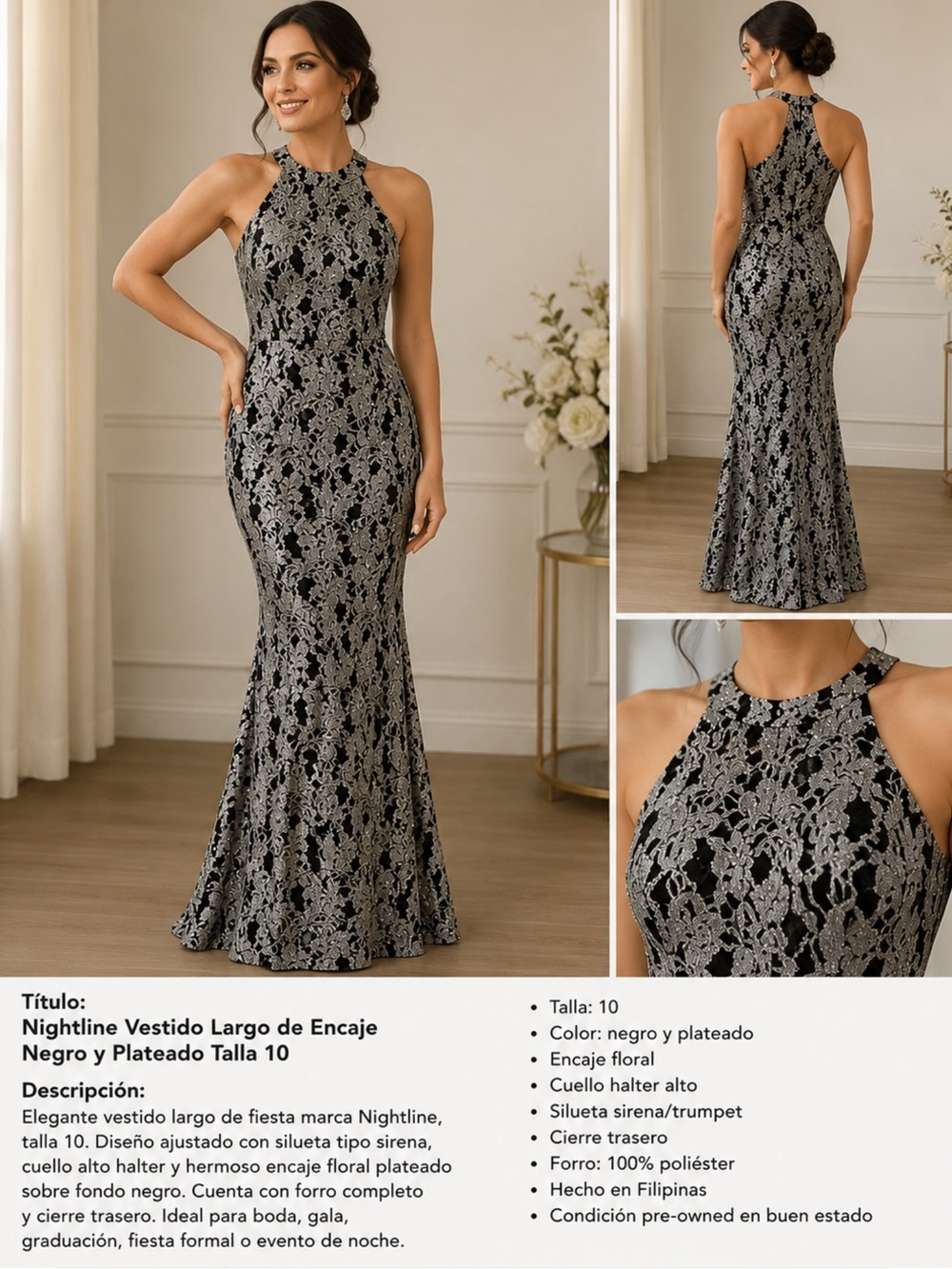 Nightline Vestido Largo de Encaje Negro y Plateado Talla 10 Formal Mermaid
